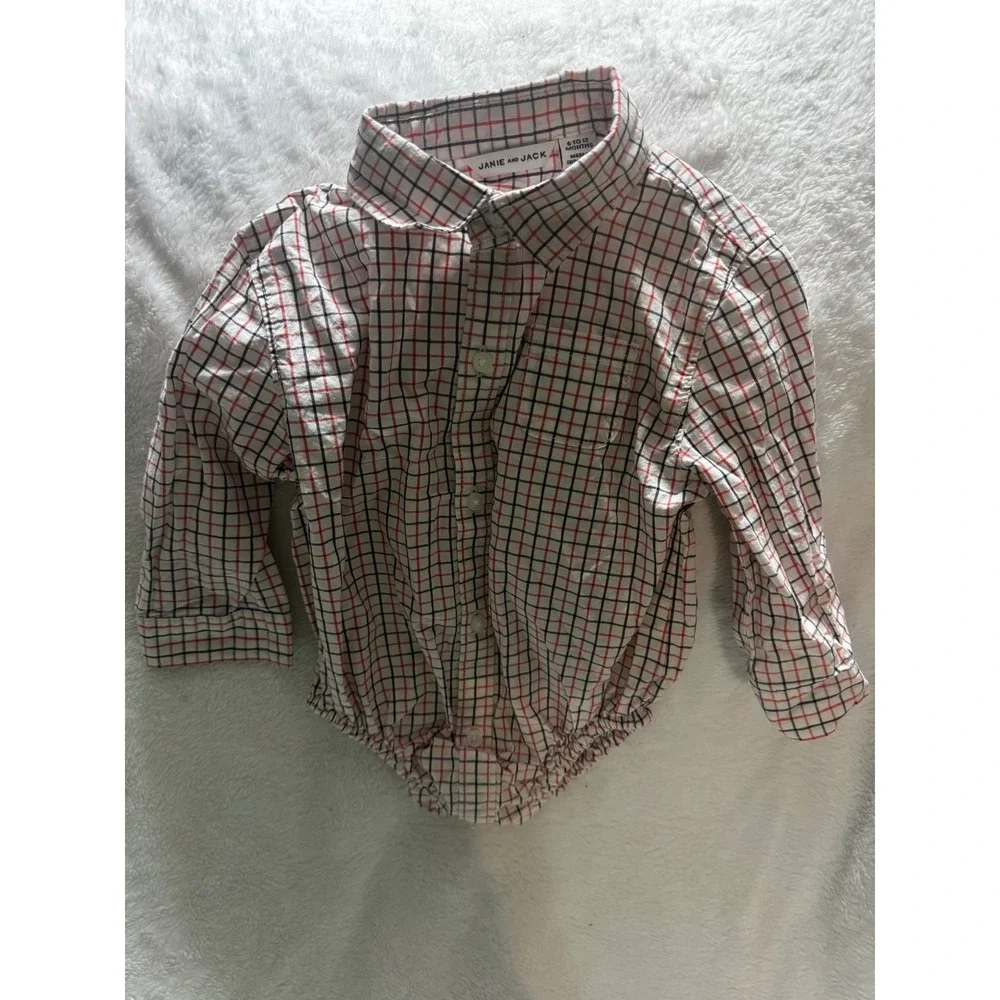 Janie and Jack Baby Boys Red Navy Plaid Button Down Bodysuit 6-12 Months